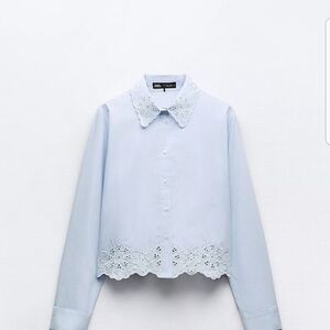 Zara Blue Button Down Shirt with Scalloped Hem, Embroidered Eyelet Cropped